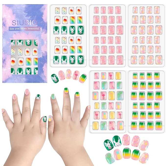 SIUSIO 120 Pcs 5 Pack Children Acrylic Fake Nails Press on Cute Pre-glue Full Cover Glitter Gradient Color Rainbow Short Kids Stick On False Nail Art Kits Set for Kids Little Girls -Colorful Summer