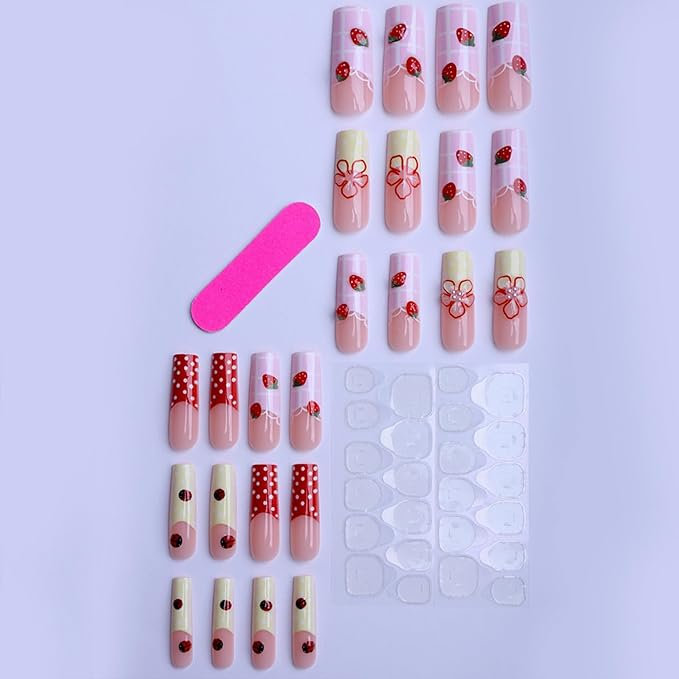 Long Press on Nails Square Fake Nails French Red Artificial Nail 3D Floral and Pearl Designs Cute Stick on Nail for Women 24pcs
