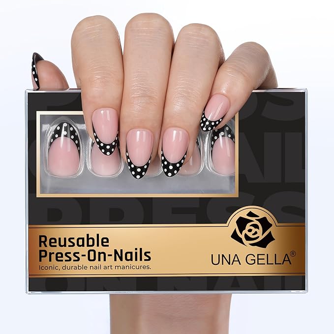 UNA GELLA 32Pcs Soft Gel Press on Nails - 16 Sizes Polka Dot French Tip Almond Glue on Nails, Reusable Nude False Nails with Black Dots, Full Cover Acrylic Nail Kit for Women DIY Home Manicure