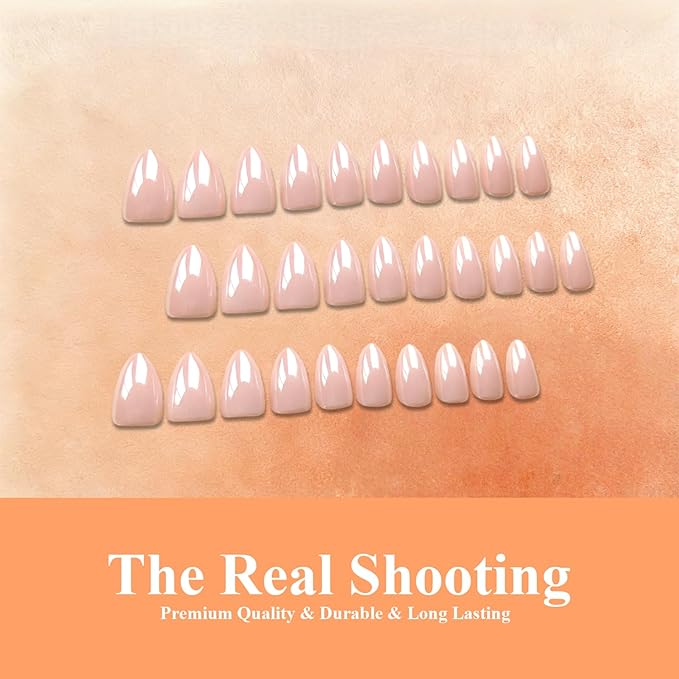 Chrome Nude Pink Press on Nails Short Almond, Glazed Cute Fake Nails with Sparkle Mirror Design, Shiny Glitter Glue on Nails Stiletto, Gel Nail Press ons with Glue for Fingernail 30 Pcs