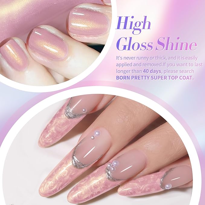 Born Pretty 6 Colors Pearl Gel Nail Polish Set,Aurora Iridescent Shimmer White Pink Purple Mermaid Glitter Gel Polish Shell Swirl Thread Effect Glitter Silk Soak Off U V LED Gift for Women & Girls