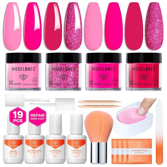 Modelones Dip Powder Nail Kit, 4 Colors Hot Pink Rose Glitter Dipping Starter Set with Liquid and Complete Accessories for French Nails Art Salon DIY at Home Manicure