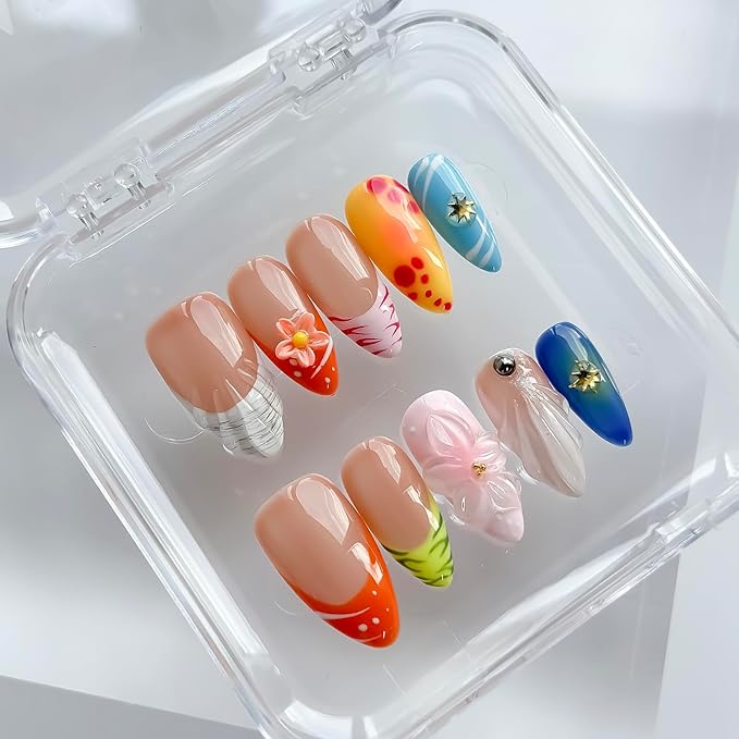 Luxury Press on Nails Medium Almond Handmade 3D Unique Reusable ABS Material Fake Nails French Tip False Nails with Designs Floral Shell Summer Glossy Glue on Nail Thick Acrylic Nail(S)