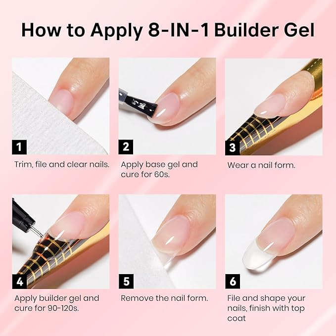 MIZHSE 8 in 1 Builder Gel for Nails, 2Pcs Clear Hard Builder Gel for Nails Strengthen Thickening Tip Design Rhinestone Nail Glue U V LED Extension Gels Kit for Nail Art Design