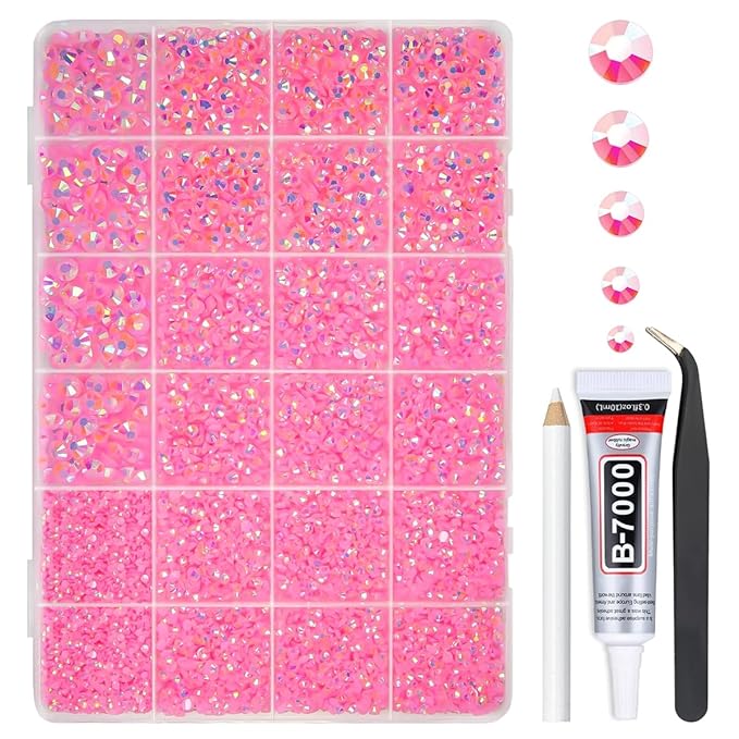 Dark Pink AB Resin Rhinestones w B7000 Glue for Bedazzling Crafting 2mm-6mm Flatback Jelly Stones Diamonds Gems Bedazzler Kit Charms for Nails Face Makeup Tumblers Bottles Crafts Shoes Clothes