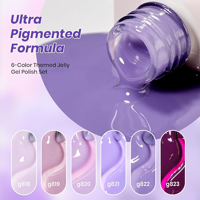 Beetles Amethyst Realm Jelly Purple Gel Nail Polish Set - 6 Colors Spring Gel Polish Kit Jelly Purple Sheer Translucent Effect Soak Off UV French Nail Art Salon DIY Manicure Gift for Women