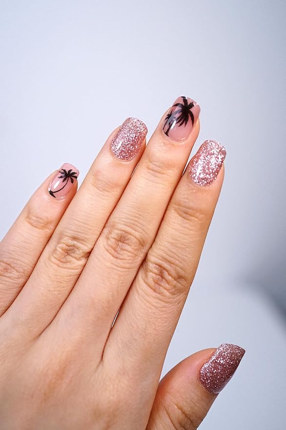 Semi Cured Gel Nail Strips, 20Pcs Long Lasting Salon Quality Wraps, Easy Apply & Remove Gel Nail Stickers with UV Light (Sunkissed Fronds Pink)
