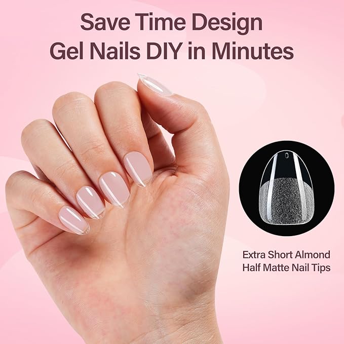 Misssix Extra Short Almond Gel Nail Tips, 216Pcs Pre Etched Clear Fake Nails, Full Cover Soft Acrylic False Nail Glue and Nail Glue Remover for Women 12 Sizes