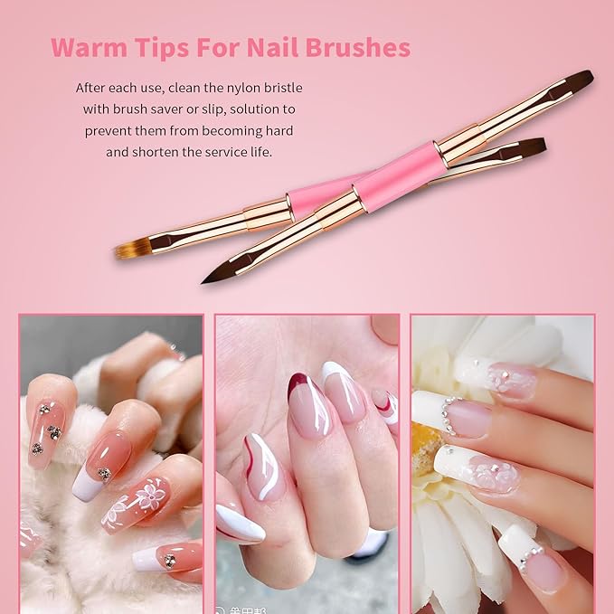Nail Art Brushes Set - Professional 5pcs Double-Ended Acrylic Nail Art Brushes Liner Detail Thin Brushes For Drawing Design Brushes Gel Builder Brushes 3D Nail Art Tools (Pink)