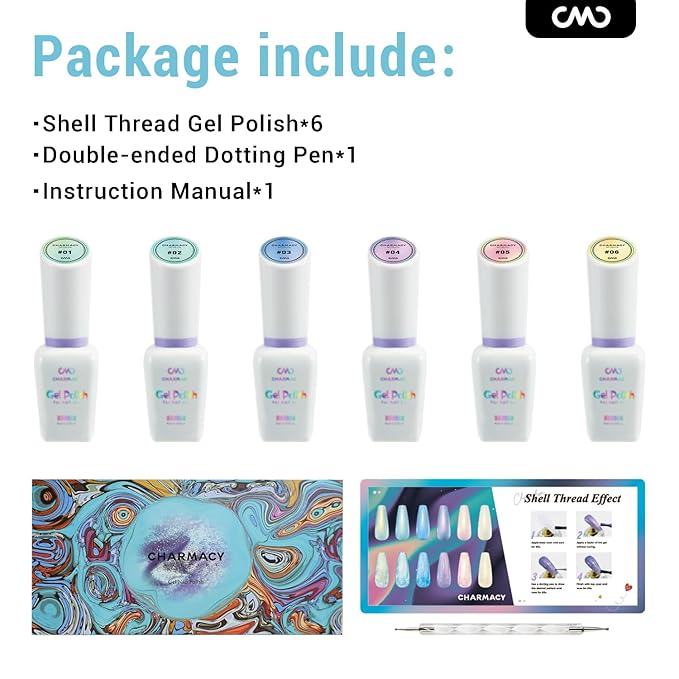 CHARMACY Pearl Gel Nail Polish Set - 6 Colors Shimmer Blue Pink Yellow Shell Gel, Aurora Shell Effect, Mermaid Nails LED UV Soak Off