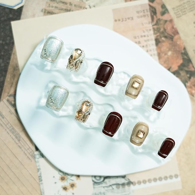 Handmade 3D Press On Nails Short Coffin,New Year Valentine False Nails Burgundy Silver Glitter with Geometric Line Art & Hand-Set Rhinestones - 10Pcs Luxury Design (Fiery Red Lips,L)