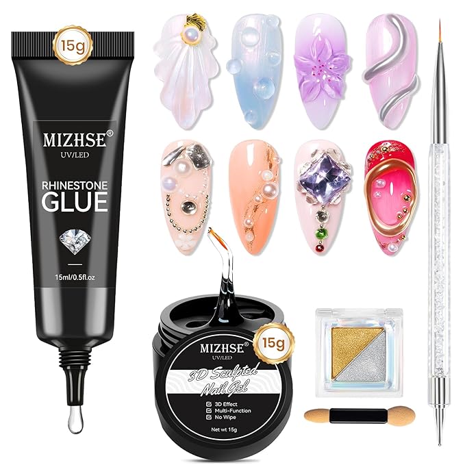 MIZHSE 3D Painting Gel and Rhinestone Glue for Nails, Clear 3D Nail Gel 3D Sculpting Gels U V LED Nail Charm Glue Salon Art Home DIY