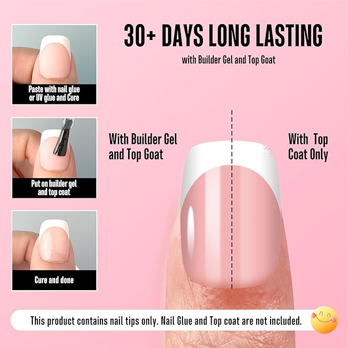 NOVO OVO Short Square Round White French Tip Nail Tips Press on BABY PINK, Extra Thick Full Cover False Fake Nails, Need Builder Gel Top Coat & Glue, for Salon DIY Acrylic Extension x 15 Sizes 240 pcs