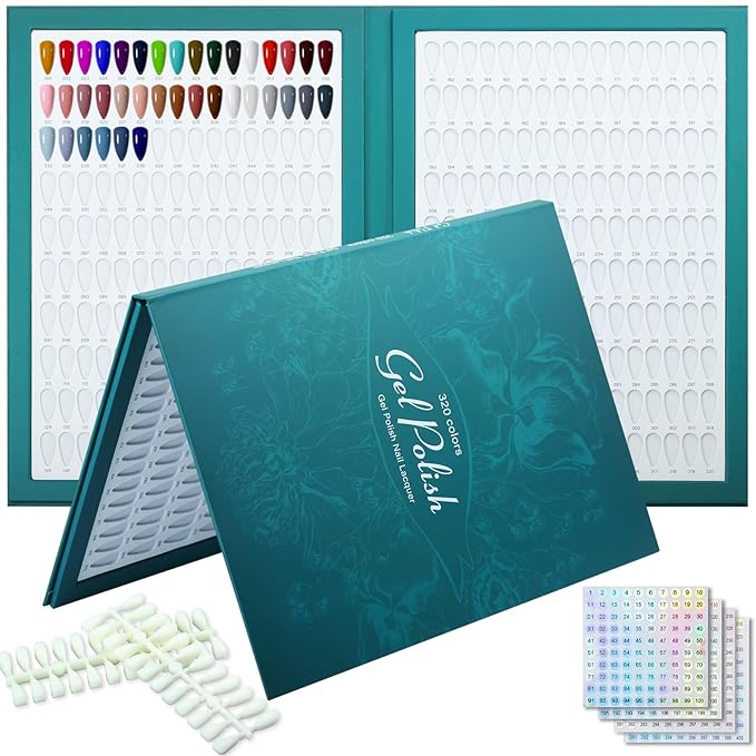 320 Nail Color Book,with 480 False Tips & 1-400 Number Labels,Professional Nail Color Swatches Book for UV Gel Polish Nails Art Design(Green)