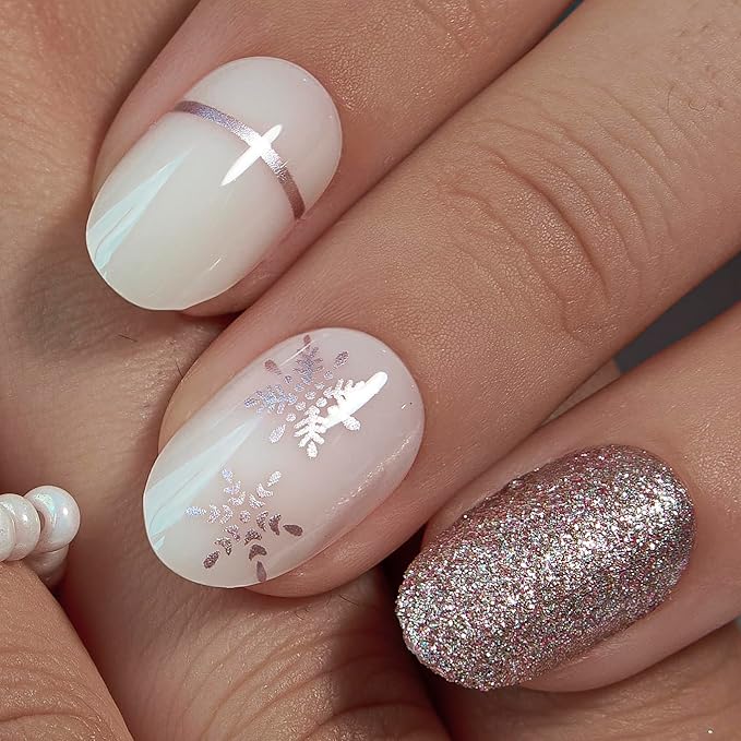 Curvlife Press on Nails Acrylic Fake Nails with Design Full Cover False Nails for Women Reusable Nail Kit (Snowflake Silver, 32pcs)
