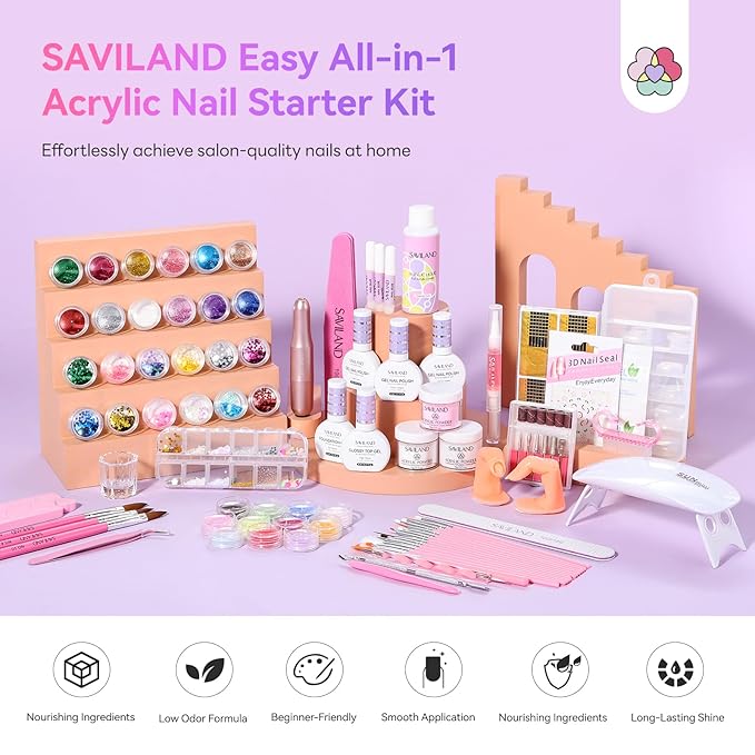 SAVILAND Acrylic Nail Kit: 2026 Hema-free Bio-based All-in-1 Nail Kit with Clear White Pink Acrylic Powder EMA Monomer Nail Drill Full Tools For Beginners Extension Carving Home DIY