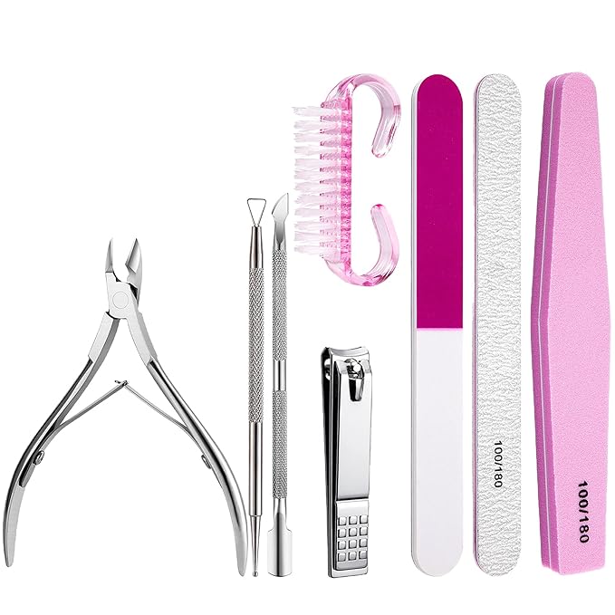 8PCS Stainless Steel Cuticle Nippers & Remover, Nail Clippers Set, Precision Sharp Blades Manicure Pedicure Tools for Home Salon Travel, Complete Nail Care Kit for Women, Pink