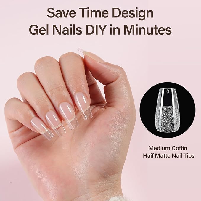Misssix Medium Coffin Gel x Nail Tips Kit, 216Pcs Pre Etched Clear Fake Nails, Full Cover False Nail 9-in-1 Gel Glue and Portable Mini U V Nail Lamp for Women 12 Sizes