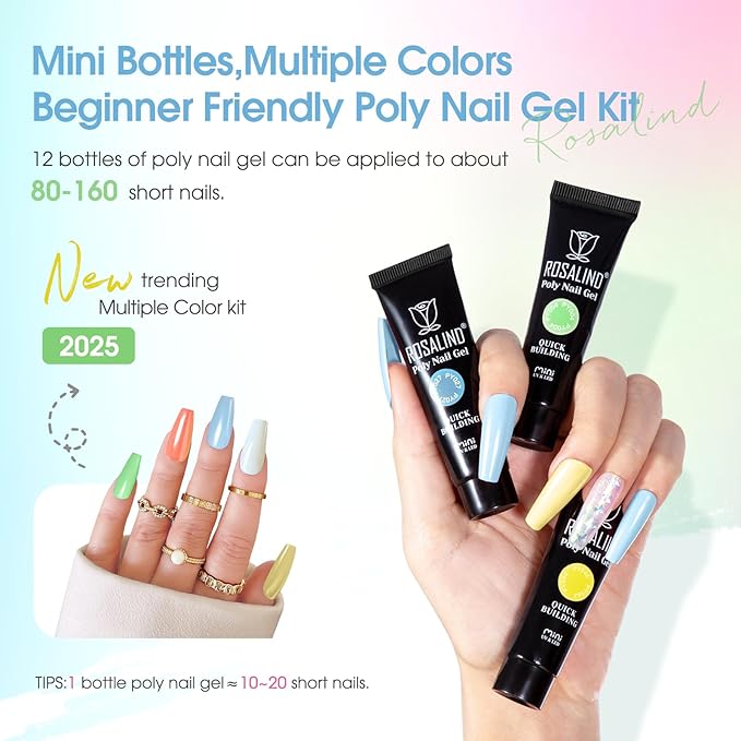 ROSALIND 12 Colors Poly Nail Gel with Mini Nail Lamp Yellow Green Poly Extension Gel Kit 0.34oz/10ml Nails Buider Set with Slip Solution Basic Tools for Beginners with Everything