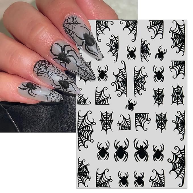 Halloween Spider Web Nail Stickers, 8 Sheets Black White Web Self-Adhesive 3D Nail Art Decals for DIY Manicure