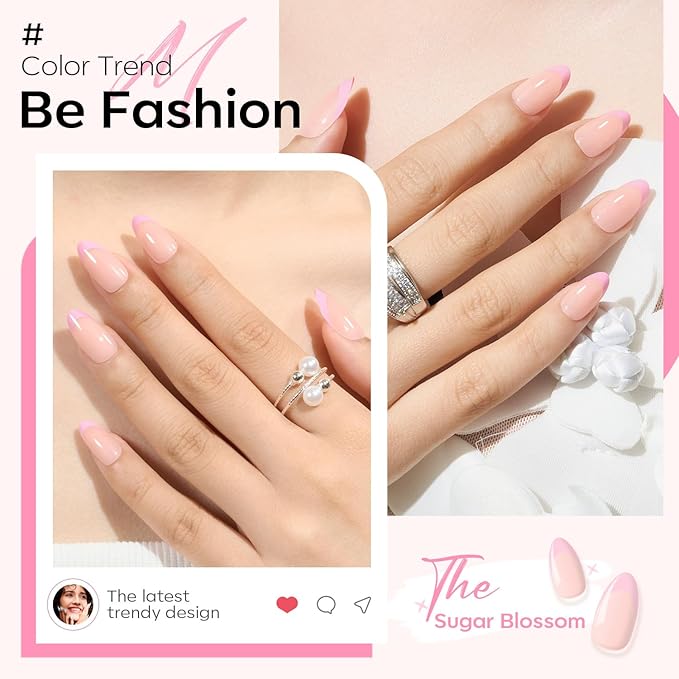 Modelones Pink French Tip Press on Nails Almond, Spring Short Almond Fake Nails, Nail Kit with Nail Glue Adhesive Tabs Mini Nail File, Nails Press Ons 32Pcs16 Sizes, Women Girl Gift