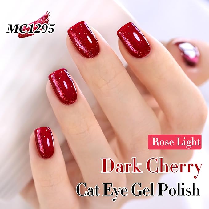 Double Rhythm 15ML Ice Glass Cat Eye Gel Polish with Magnet Holographic Glitter Shimmer Translucent Sheer Color Salon Soak Off Magnetic Nail at Home (Dark Cherry-MC1295)