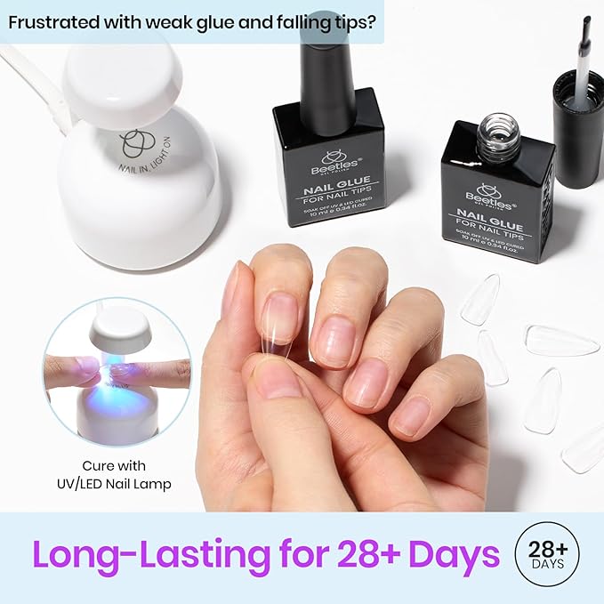 Beetles 9 in 1 Gel Nail Glue for Acrylic Nails Tips, 2 Pcs 10ml Super Strong Nail Glue for Clear False Nails Tips Base Coat Rhinestones Blooming Art Spring Nails Long Lasting U V Light Cure