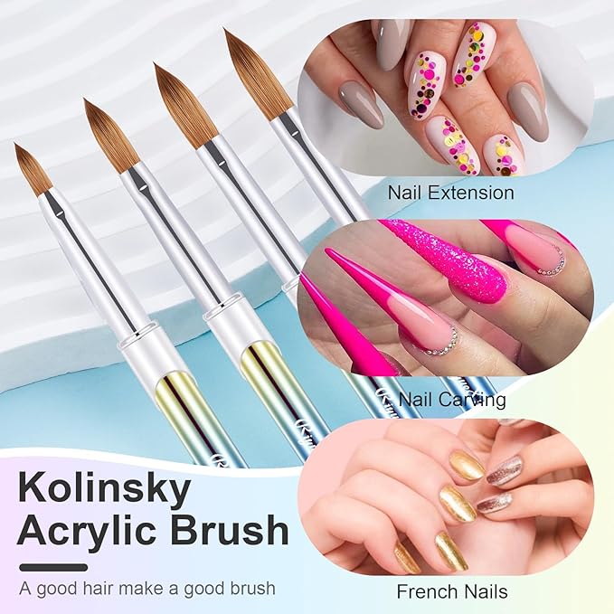 4PCS Acrylic Nail Brush Set, 6/8/12/16. Kolinsky Nail Art Brushes for Application, Sturdy Handle Oval Shaped Acrylic Powder Nails Design Tools for Professional Manicure DIY