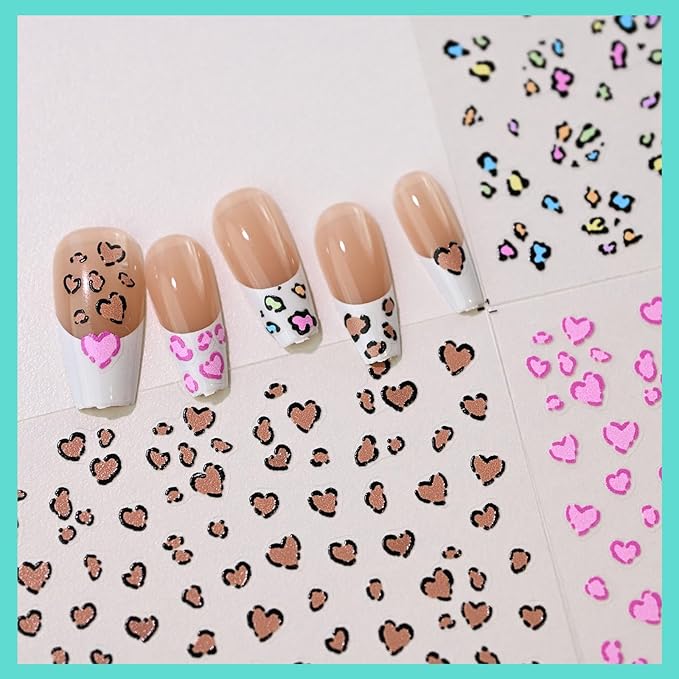 Leopard Print Nail Art Stickers, Colorful Heart Thin Nail Decals, Self-Adhesive, Nail Accessories for Women, Nail Decorations 3 Sheets