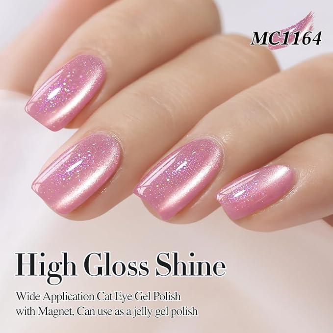 Double Rhythm 0.5 Oz Cat Eye Gel Polish with Magnet Same Color Same Bottle Holographic Glitter Shimmer Translucent Color Salon 15 ML Magnetic Nail Art (Mermaid Pink-MC1164)