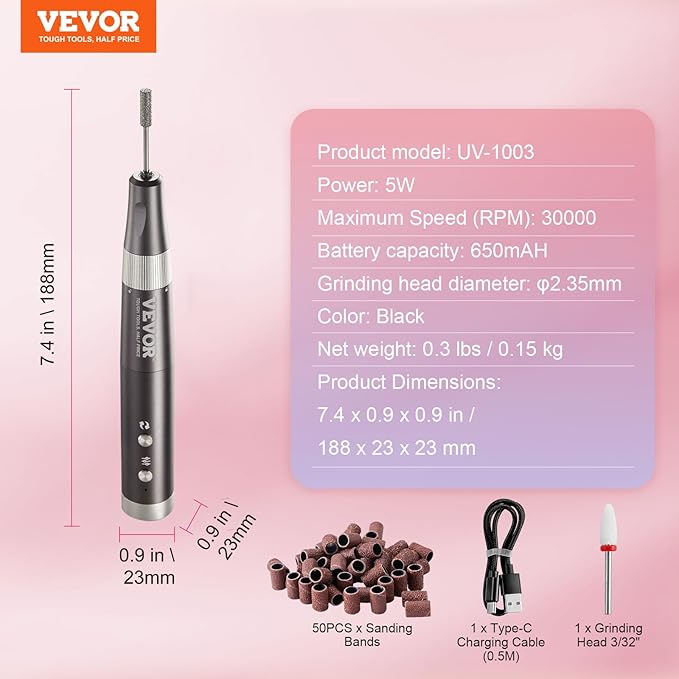 VEVOR Electric Cordless Nail Drill, 30,000RPM Variable-Speed Rechargeable Nail E File Machine, Nail Surface Smooth, Portable Manicure Pedicure Polisher with 50PCS Sanding Bands for Dead Skin Removal