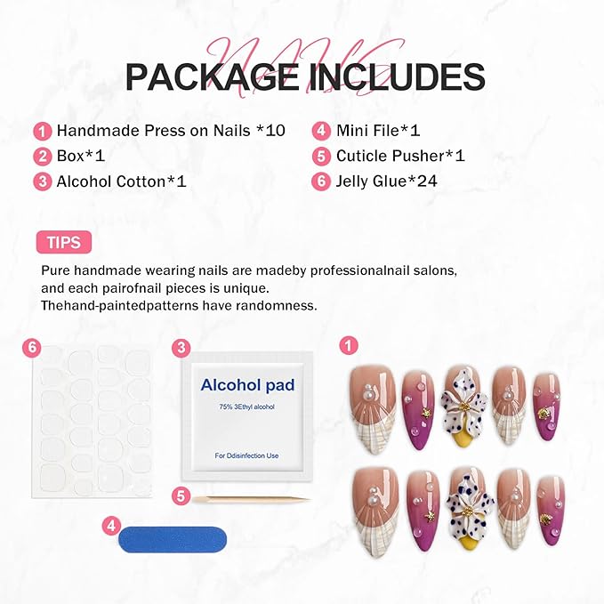 Handmade Press on Nails Purple Gradient Fake Nails French Tip Multi-Layer Gel Acrylic Nail with 3D White Flower & Pearl Designs Full Cover Medium Almond Stick on Nails for Women Nail Art（Size M)