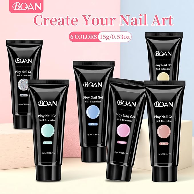 BQAN Poly Nail Gel Kit - 6 Colors Builder Gel for Long-Lasting Nail Extensions | 15ml Each | Salon-Quality DIY & Home Use | Low Odor