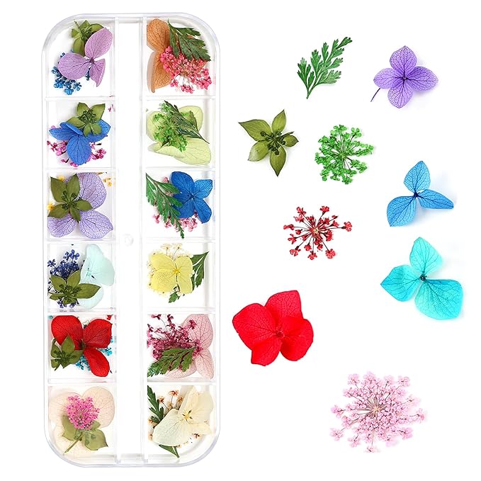 Dried Flowers for Resin Nail Art 3D Small Tiny Real Natural Mini Pressed Dry Flowers for Nails DIY Crafting Decoration Supplies (2 Boxes, 180 Pcs, 37 Colors)
