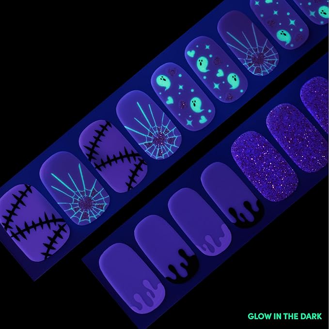 Dashing Diva Gloss Nail Strips - Kinda Cute, Kinda Scary - UV Free, Chip Resistant, Long Lasting Gel Stickers - 3-Piece Glow-in-The-Dark Manicure Set - Contains 32 Wraps, 1 Prep Pad, 1 File