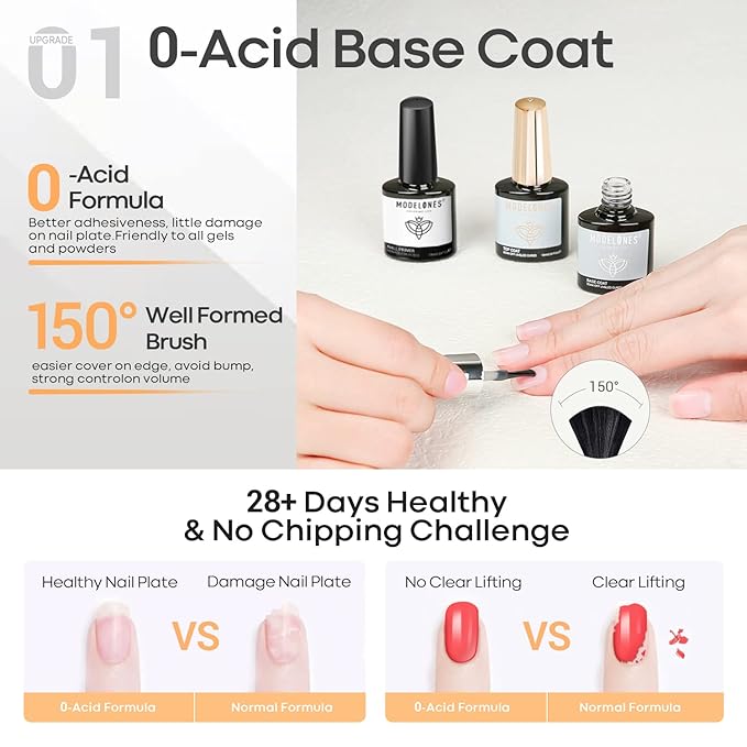 modelones Base Top Coat Gel Polish with Nail Primer, 3 Pcs No Wipe Clear Base and Top Coat Nail Bonder Primer Set for Nails Super Shiny Long Lasting Home DIY Manicure Gift for Women
