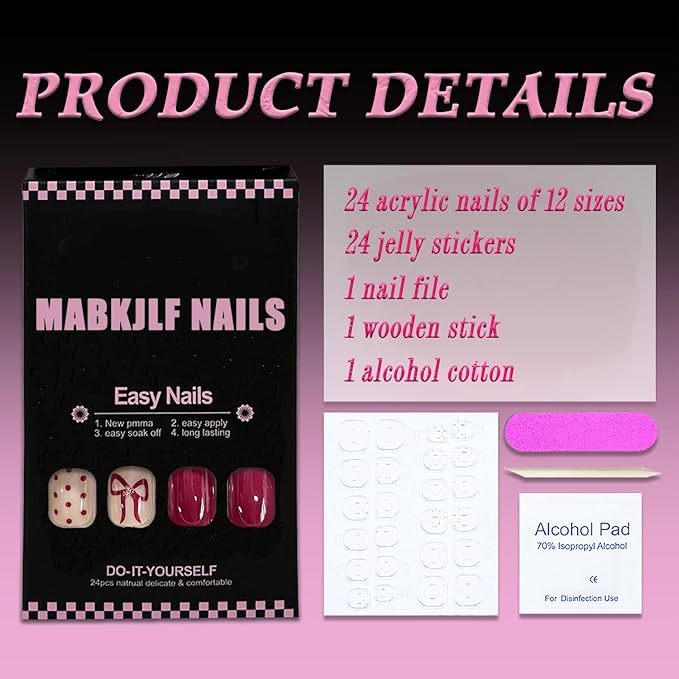 Valentines Press on Nails Extra Short Square MABKJLF Fake Nails False Nails with Wine Red Bow Polka Dots Rhinestones Designs Glossy Glue on Full Cover Acrylic Nails for Women Girls 24Pcs