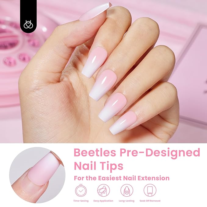 Beetles Ombre French Gel Nail Tips: 210Pcs Pink Press On Nails Short Coffin Kit Gifts for Women Fit Perfectly Nail 4 in 1 Pre-applied Tip Primer & Base Coat for Nail Extension Designs