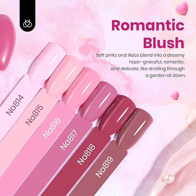 Beetles Valentines Gel Polish Set - Romantic Blush 6 Colors Gel Polish Set Hema Free, Nude Light Baby Hot Pink Colors Spring Valentines Nails, Long Lasting Soak Off UV LED Nail Lamp Gifts for Her