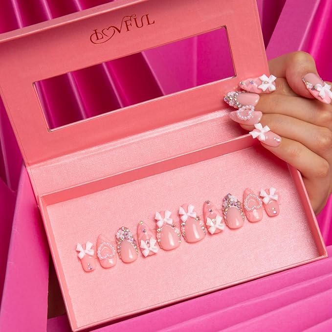 LOVFUL Press on Nails Vintage Shortcake | Handmade with Full Covered Crystals | Reusable Fake Nails | Almond Regular 1.0 in | H187-L