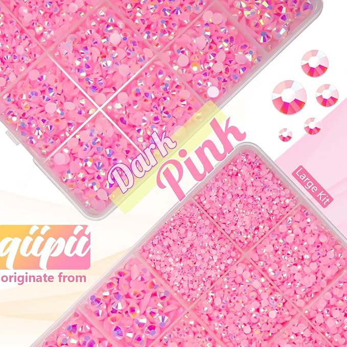 Dark Pink AB Resin Rhinestones w B7000 Glue for Bedazzling Crafting 2mm-6mm Flatback Jelly Stones Diamonds Gems Bedazzler Kit Charms for Nails Face Makeup Tumblers Bottles Crafts Shoes Clothes