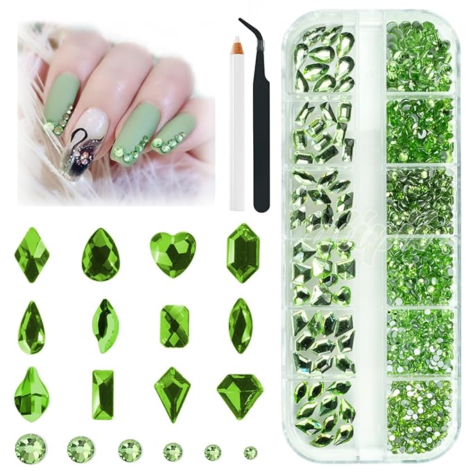 2052Pcs Light Green Nail Rhinestones Grass Green Nail Charms Multi Shapes Crystal Flatback Rhinestones Gems Round Beads Glass Stones Diamonds Jewels Art for Nails Faces Eyes Makeup DIY Crafts