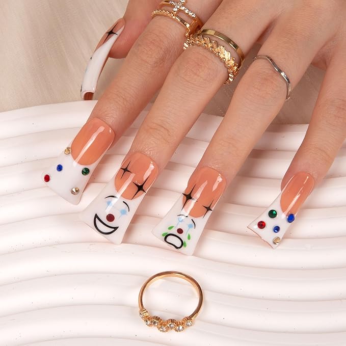 LOVFUL Press on Nails Clown | Handmade with Full Covered Crystals | Reusable Full Cover Nails | Duck Classic Regular 1.3 in | H139-L