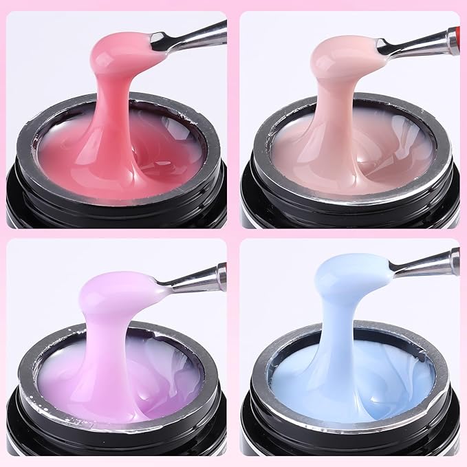 Builder Gel for Nails, 4 Colors Thickening Builder Nail Gel Pink Violet Baby Blue Camouflage Apex Building Nail Strengthener Gels Kit with Brush Pen Dual Forms UV Curing Extension Manicure