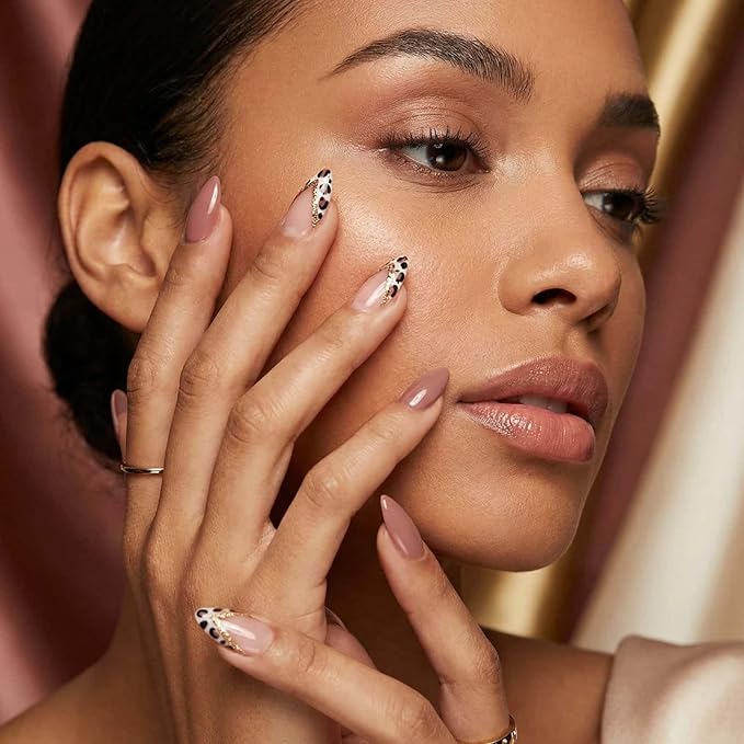 Short Almond French Tips Press on Nails Gold Glitter Striped False Nails with Leopard Print Designs Brown Full Cover Glue on Nails Removable Acrylic Stick on Nails For Women 24 Pcs