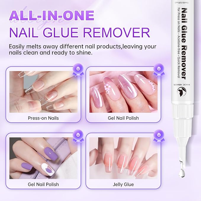 2PCS 15ml Pinpoint Nail Glue Remover for Press on Nails, Acetone-Free Odorless Formula Gentle Remover, 2 IN 1 Design Refillable Nail Polish Remover Pen