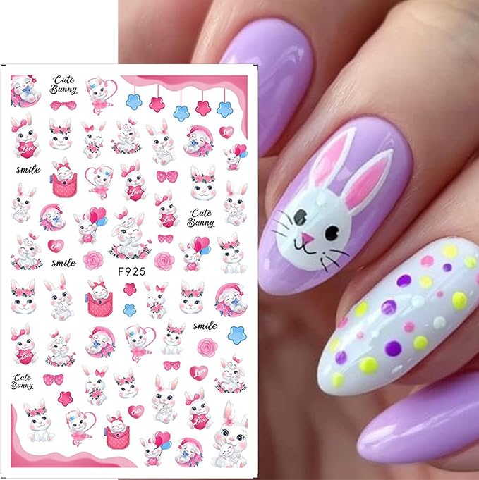 8 Sheets Easter Nail Decals for Nail Art Cartoon Rabbit Nail Art Stickers 3D Self-Adhesive Heart Flower Carrot Bunny Nail Decals Cute Easter Nail Supplies for Women Acrylic Nails Decorations