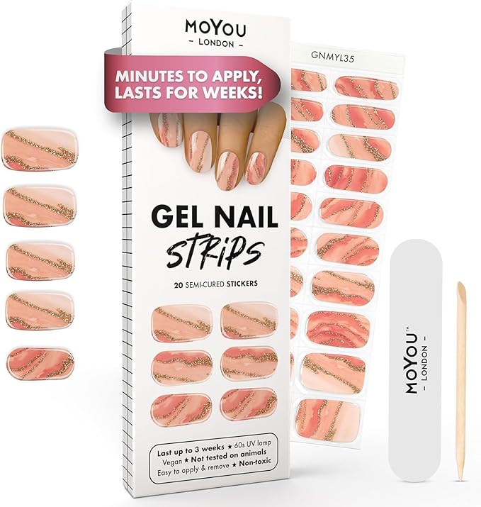 MOYOU LONDON Semi Cured Gel Nail Strips - 20 Pcs. Waterproof Gel Nail Wraps, Cures in Sunlight or UV/LED Lamp, Lasts Up to 2+ Weeks, Stretchable, Easy to Apply & Remove, Vegan & Cruelty-Free