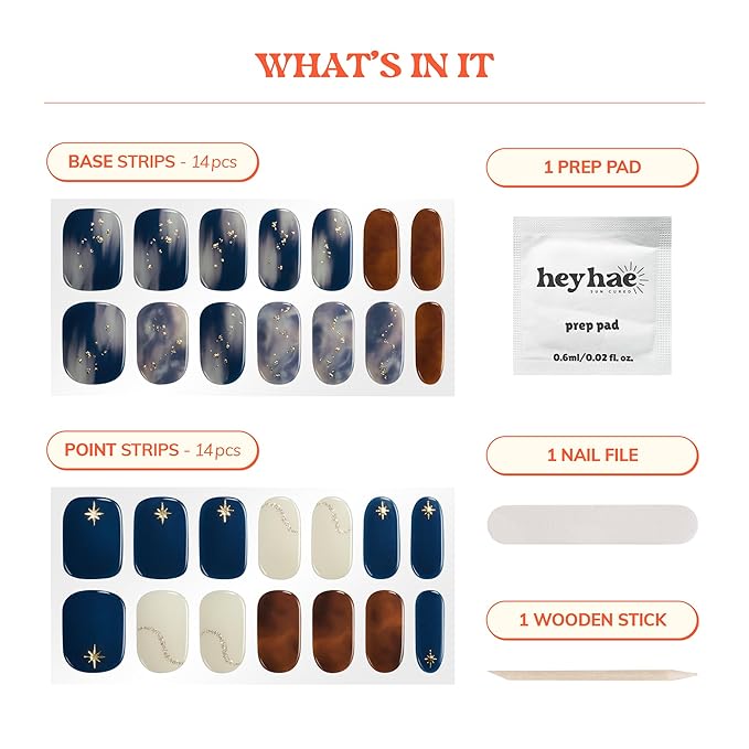 Heyhae Semi Cured Gel Nail Strips | No LED Lamp Needed | Marble, Blue, Spring | Easy Apply & Remove, Salon Quality | Includes 28 Strips, 1 Prep Pads, Nail File & Wooden Stick - Hey, Dreaming of You