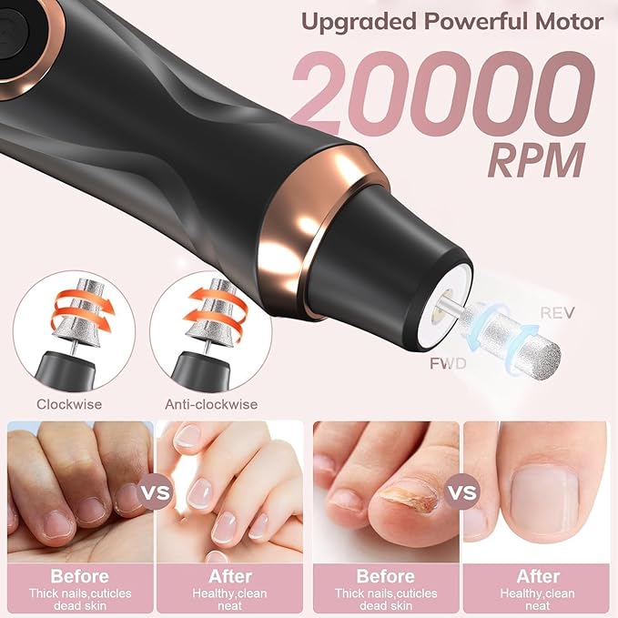 Professional Manicure Pedicure Kit Cordless Electric Nail File Set 6 Speed Cordless Nail Drill for Thick Nail Toenail Cuticle Hand Foot Care Nail Drill Tool(Black)